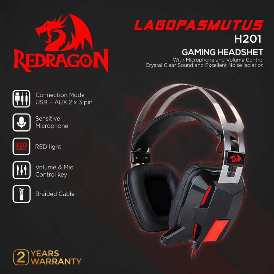 Redragon Gaming Headset with Microphone USB AUX LAGOPASMUTUS