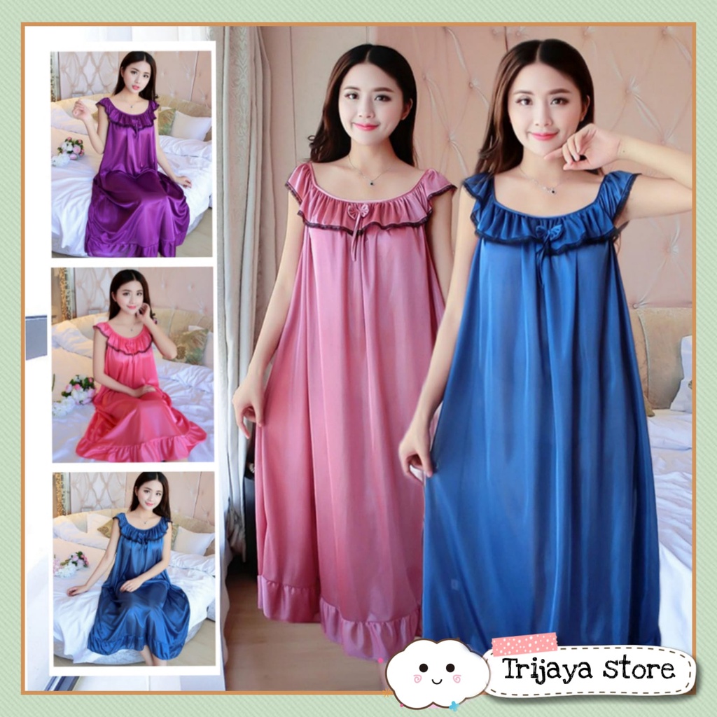 Trijaya . daster jumbo satin brukat list hitam pita / dress baju tidur wanita bahan satin import