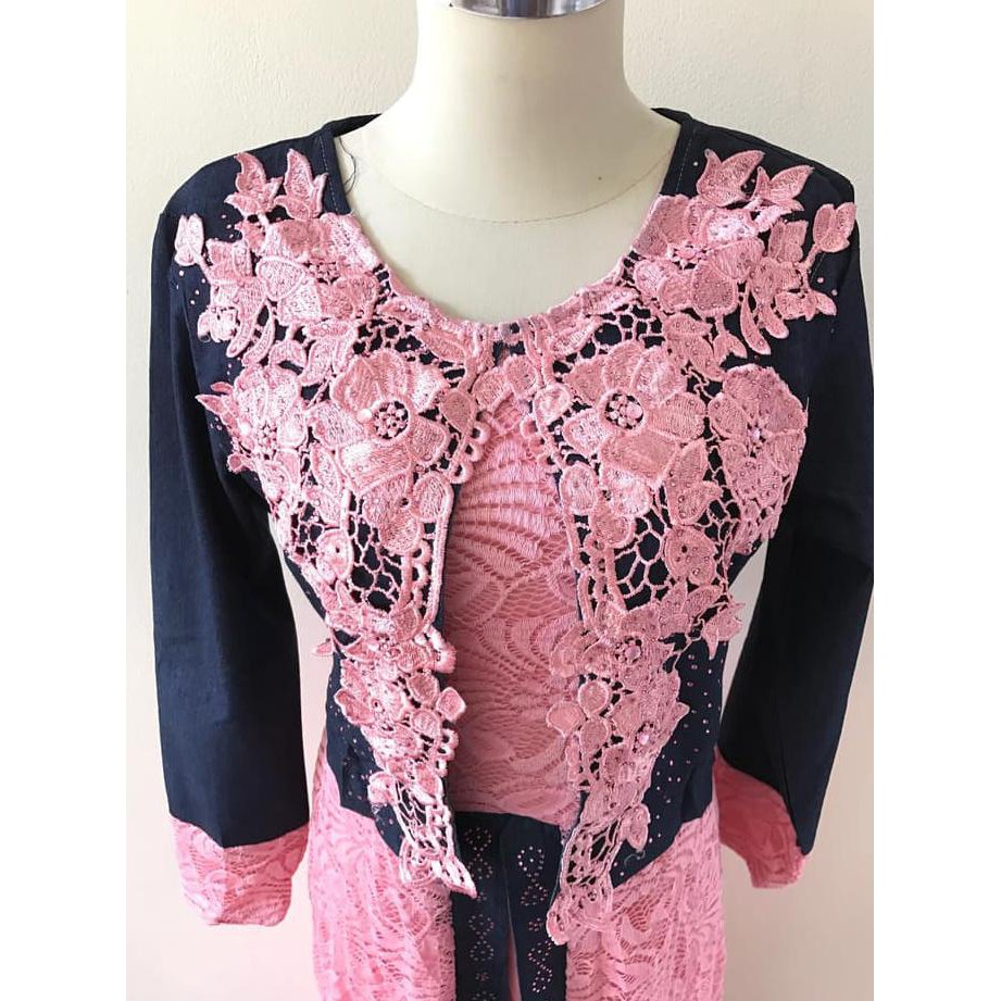 TUNIK KEKINIAN GAMIS BRUKAT BROKAT GAMIS JEANS GAMIS MUSLIM WANITA TUNIK BORDIR H011 - MERAH MUDA,