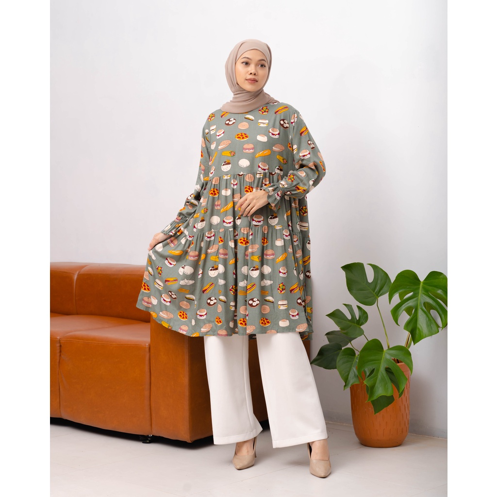 TUNIK ZIA RAYON MOTIF OVERSIZE RUFFLE LONG SHIRT PREMIUM KEMEJA BLOUSE B502