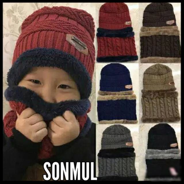 KIDS WINTER KNIT BEANIE +SCARF ONE SET UNISEX TOPI KUPLUK + SYAL MUSIM DINGIN