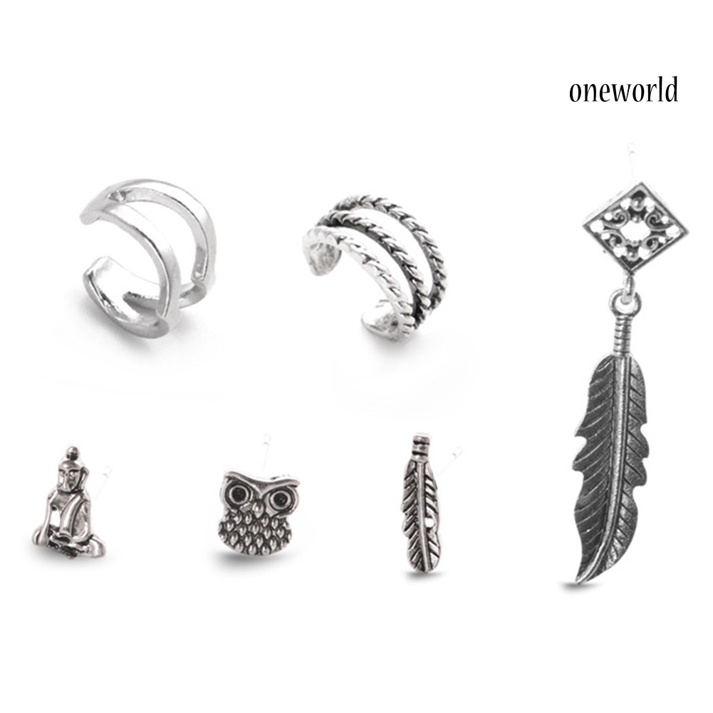 OW@ 6 Pcs/Set Boho Owl Buddha Feather Hollow Ear Cuff Ear Stud Cartilage Earrings