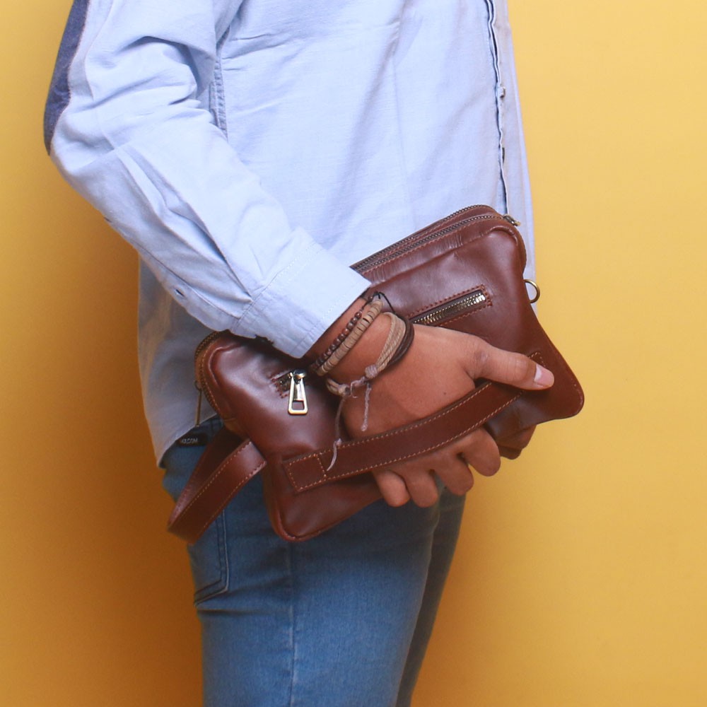 TAS POUCH KULIT ASLI MULTIFUNGSI PUNYA 3 FITUR PEMAKAIAN BERBEDA BAHAN KULIT SAPI ASLI 100% POUCH