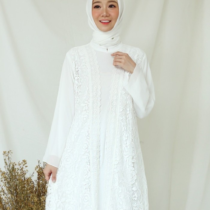 PREMIUM GAMIS BRUKAT IMPOR PUTIH / BAJU MUSLIM / DRESS MUSLIM PUTIH #232 - PUTIH TULANG, M