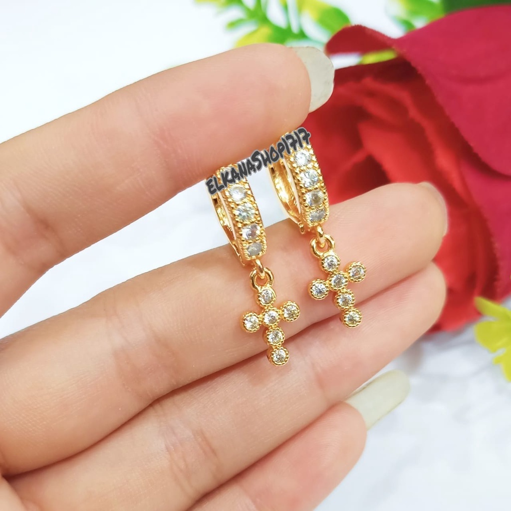 Anting Jepit Jurai salib trendy logam emas Korea tidak karat