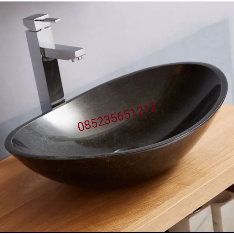 wastafel batu marmer oval hitam 50cm