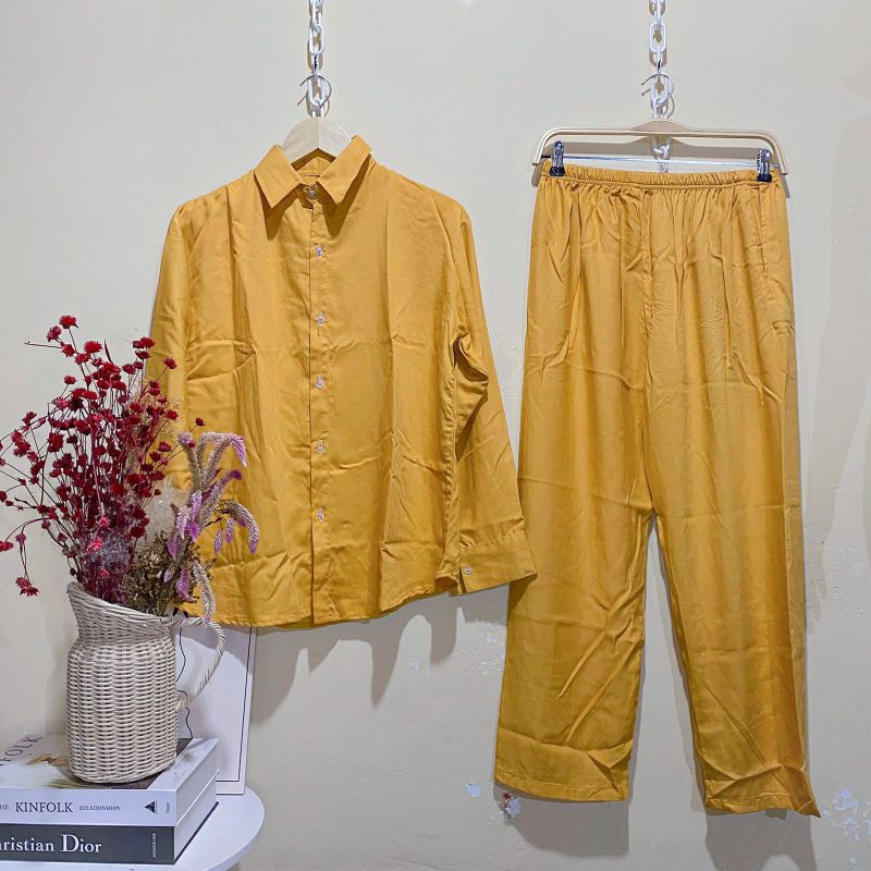 ONE SET RAYON FULL KANCING (PILIH MOTIF) / PIYAMA RAYON WANITA MURAH / PAJAMAS BUSUI / DAILY SET-KC Kuning