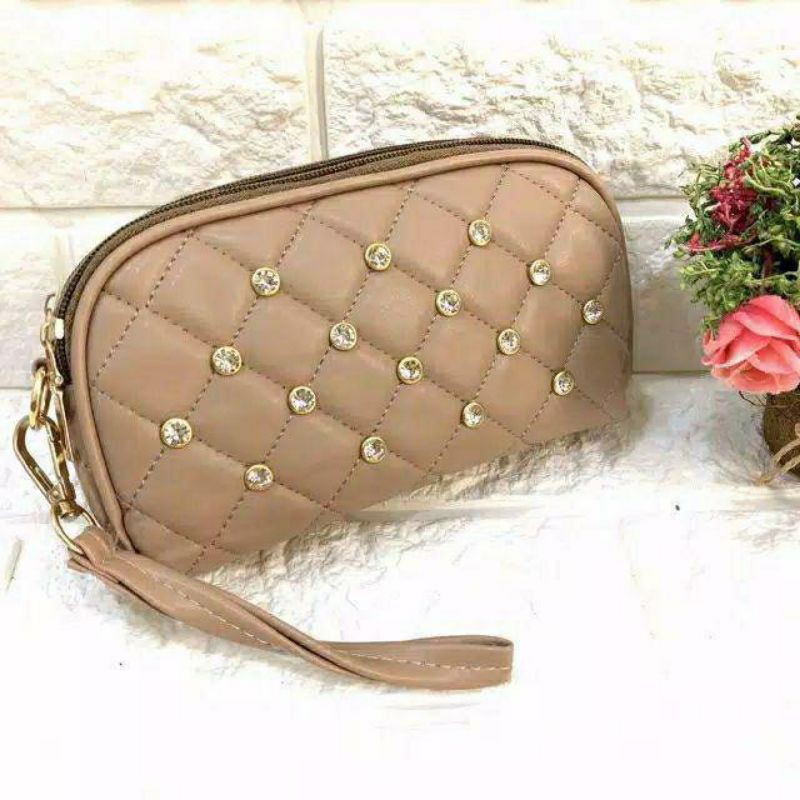 Dompet Hp Dan Uang Wanita DIAMOND 2 Ruang Resleting Bakpao kerang oval Hanging wallet Pouch handbag Kosmetik makeup