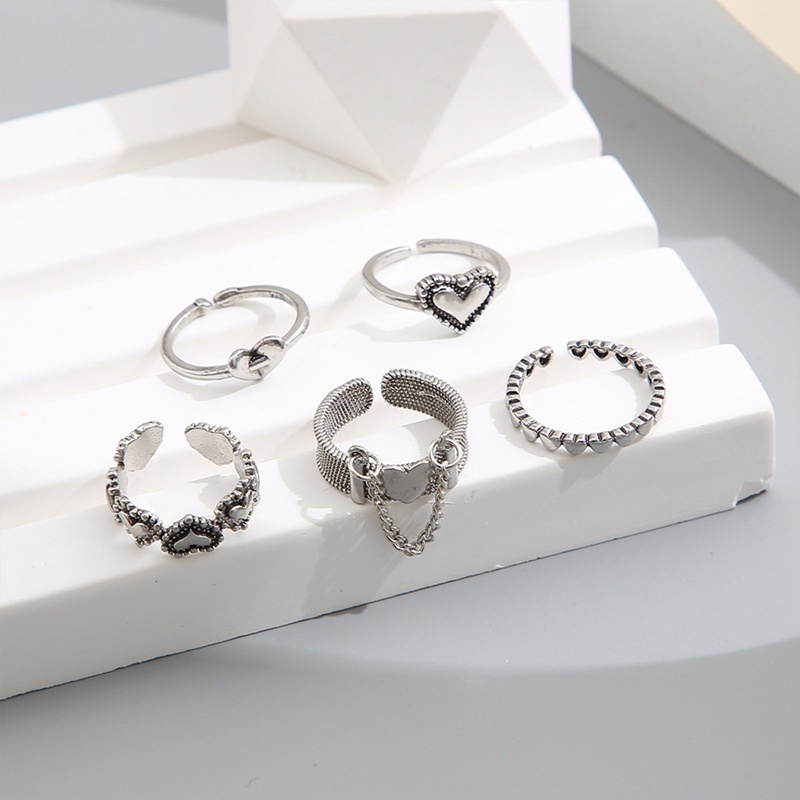 5pcs / Set Cincin Model Rantai Terbuka Bentuk Hati Warna Silver Untuk Wanita