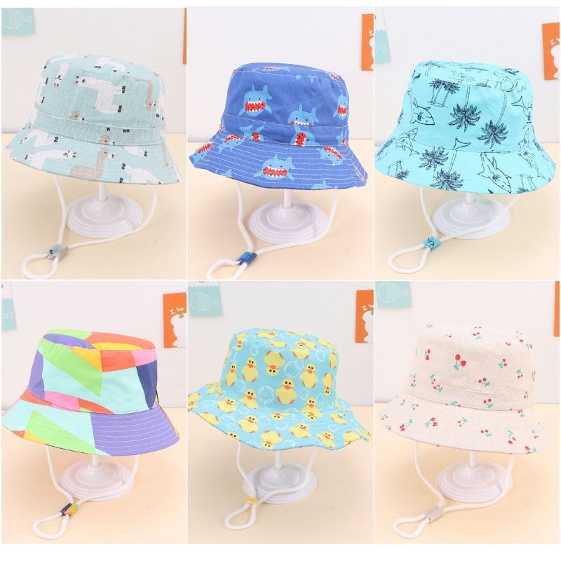 Topi Bundar bayi bucket fisherman hat baby pelindung matahari tali serut