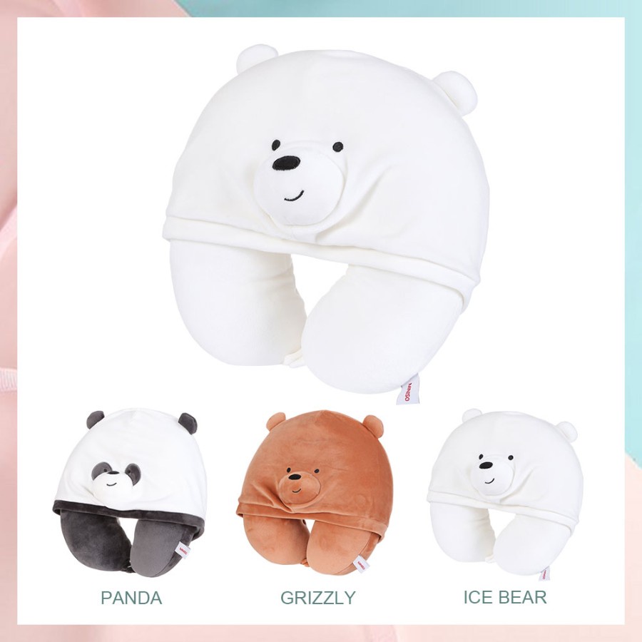 Miniso We Bare Bears U-Shaped Pillow With Hoodie Plus Bantal Leher Topi Tudung