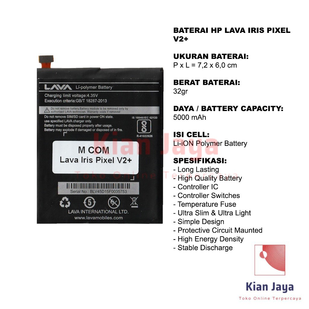 MCOM Baterai Hp LAVA Iris Pixel V2+ Plus Original Double Power Batre Batrai Battery Ori