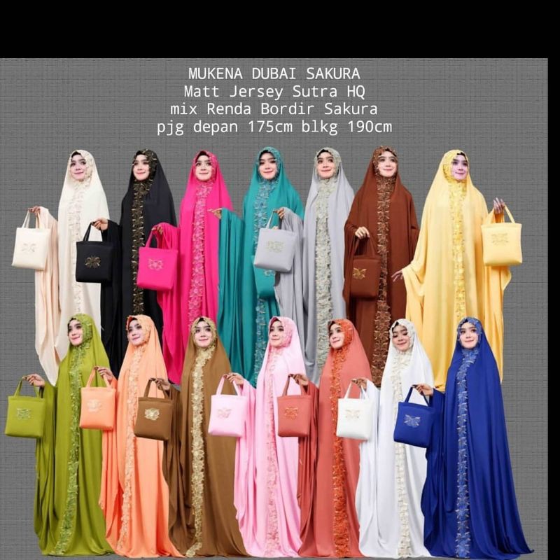 Mukena dubai terusan renda bordir sakura tanpa lengan aneka warna