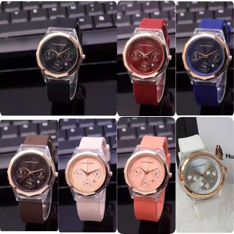 (Bisa COD) Jam Tangan Wanita Pria Hush Puppies Rubber Bulat Crono Variasi Tanggal Aktif