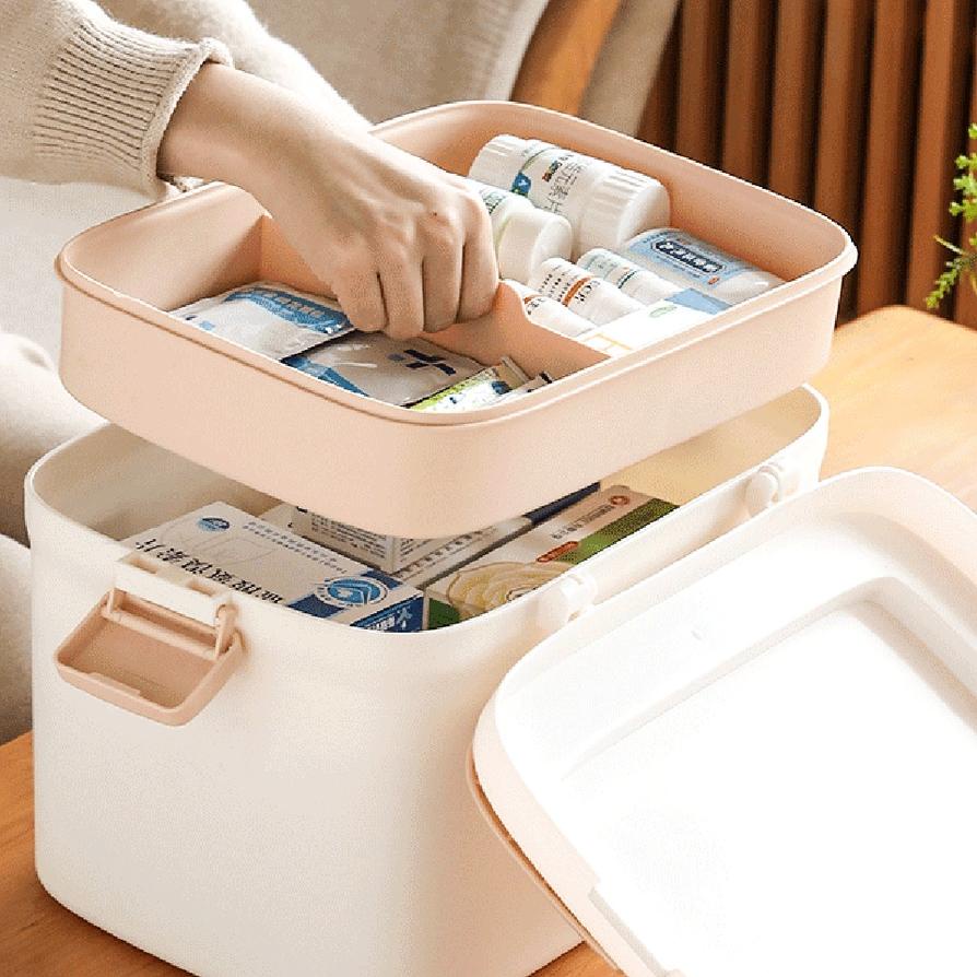 Model baru - MINISO Kotak Obat Rumah Kotak Penyimpanan Lapisan Ganda Medicine Box Organizer First Ai