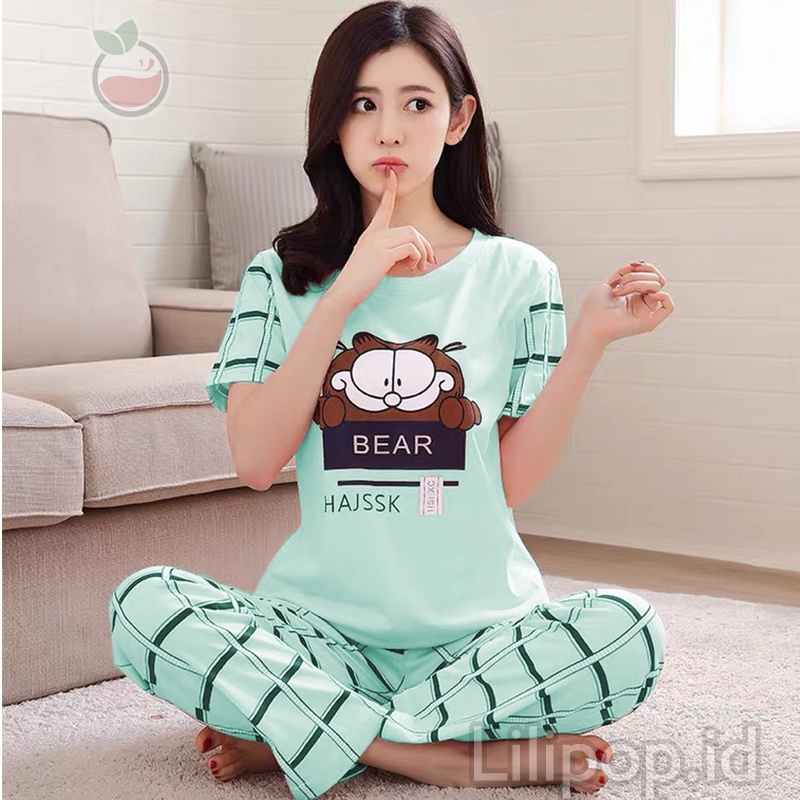 Lilipop.id  Baju Tidur Wanita CP Garfield Setelan Piyama BabyDoll Kaos Celana Panjang