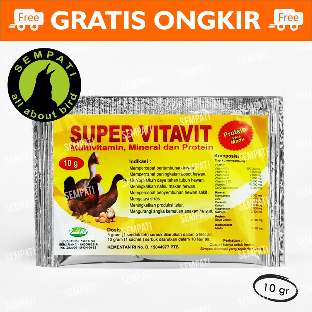 Vitamin Ternak Ayam Super Vitavit 10 Gr Protein Plus Madu Multivitamin Bebek Piyik Burung Obat Vitamin Unggas Ayam Burung Itik Bebek Telur Petelur Pedaging Raid All