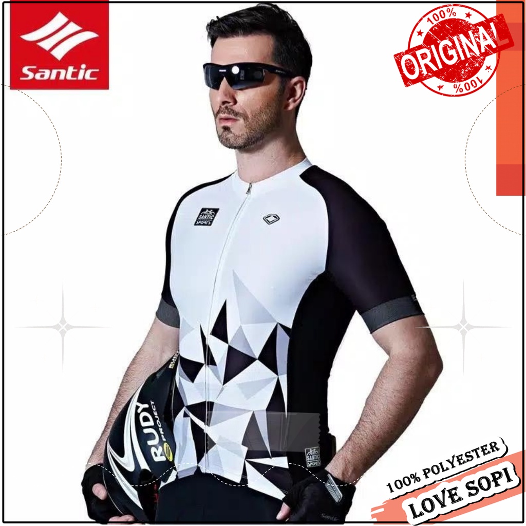 ASLI Baju jersey sepeda SANTIC murah putih lengan pendek Zipper pria dewasa original olahraga outdor