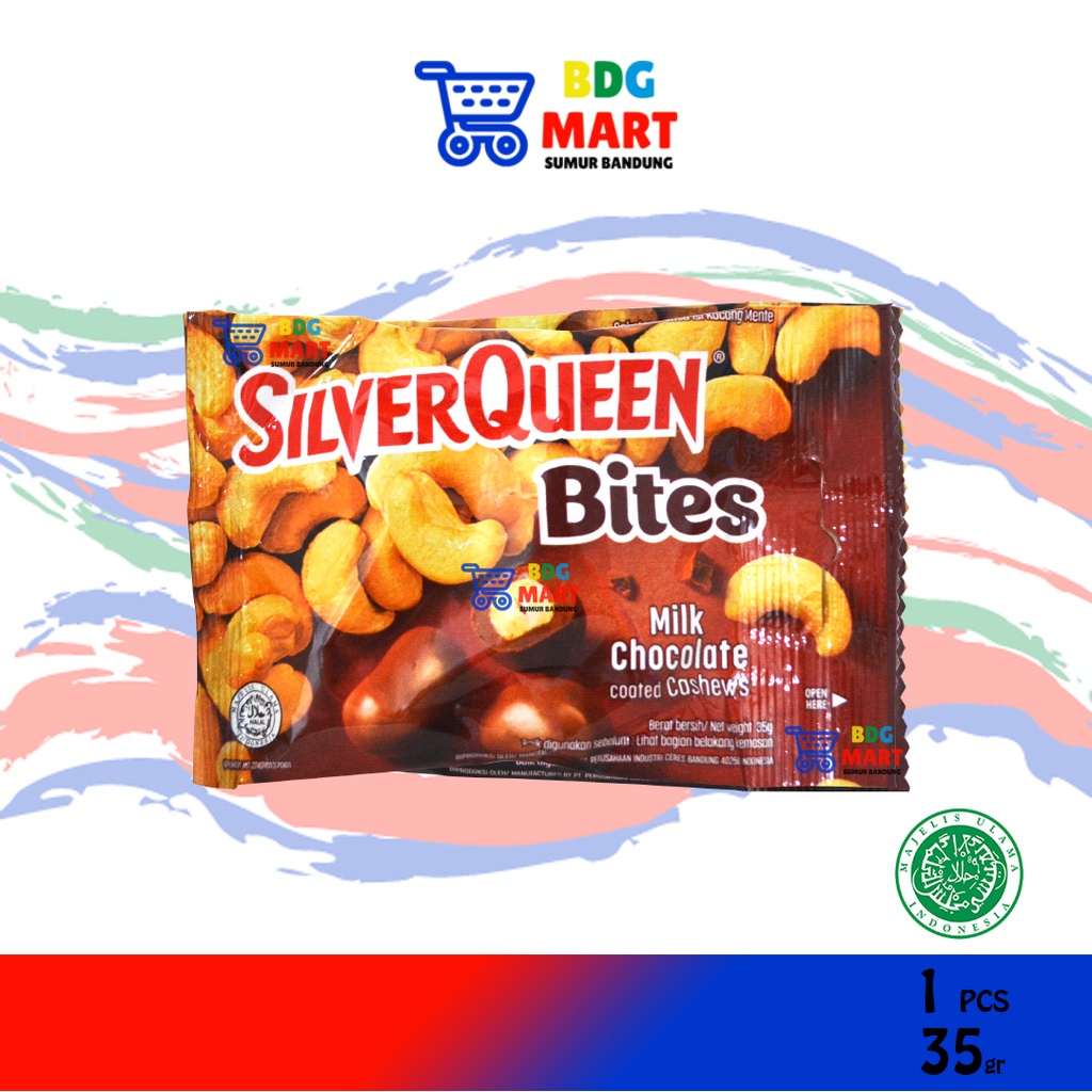 

SilverQueen Bites Cashew Coklat Mini Isi Kacang Mede Halal MUI - 40gr