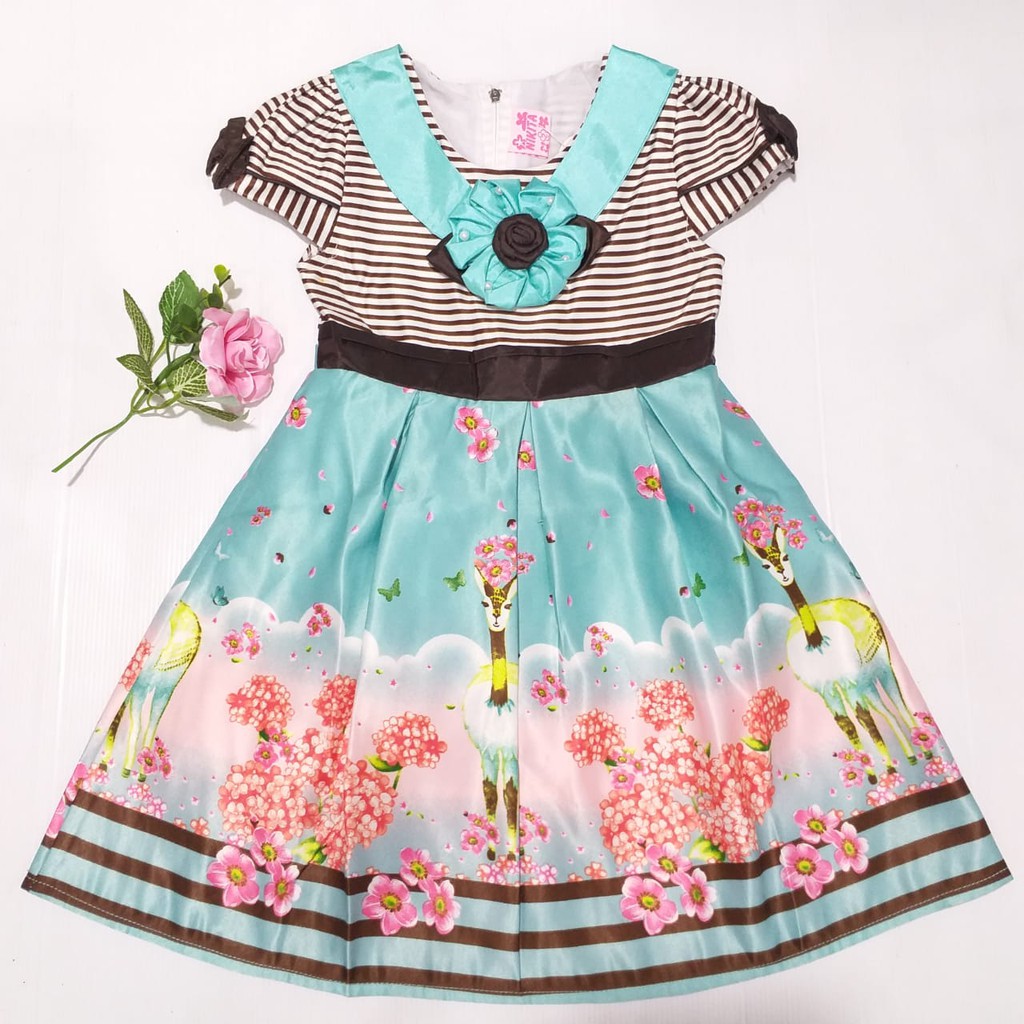 gos DRESS SATEN NIKITA GARIS BUNGA 3922 Dress pakaian anak perempuan