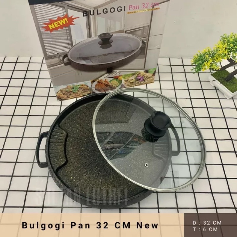 Bulgogi Grill Pan Marble Non Stick 32cm Dilengkapi Tutup Kaca Anti Lengket