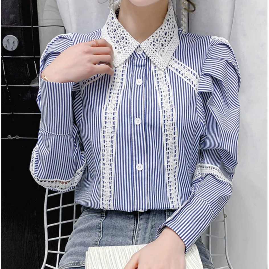Gioberta Puff Sleeve Striped Shirt Kemeja Wanita Import TM 2383