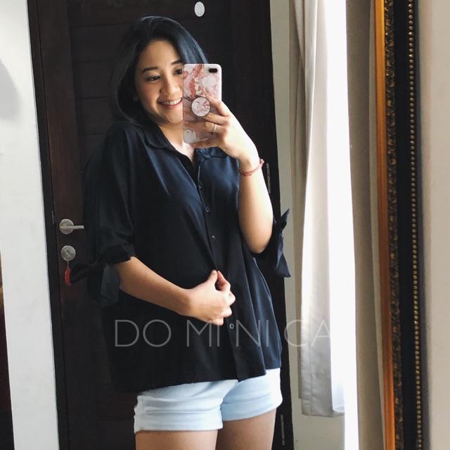 CINDY OVERSIZED SHIRT | kemeja wanita oversize lengan pendek bahan rayon-Hitam