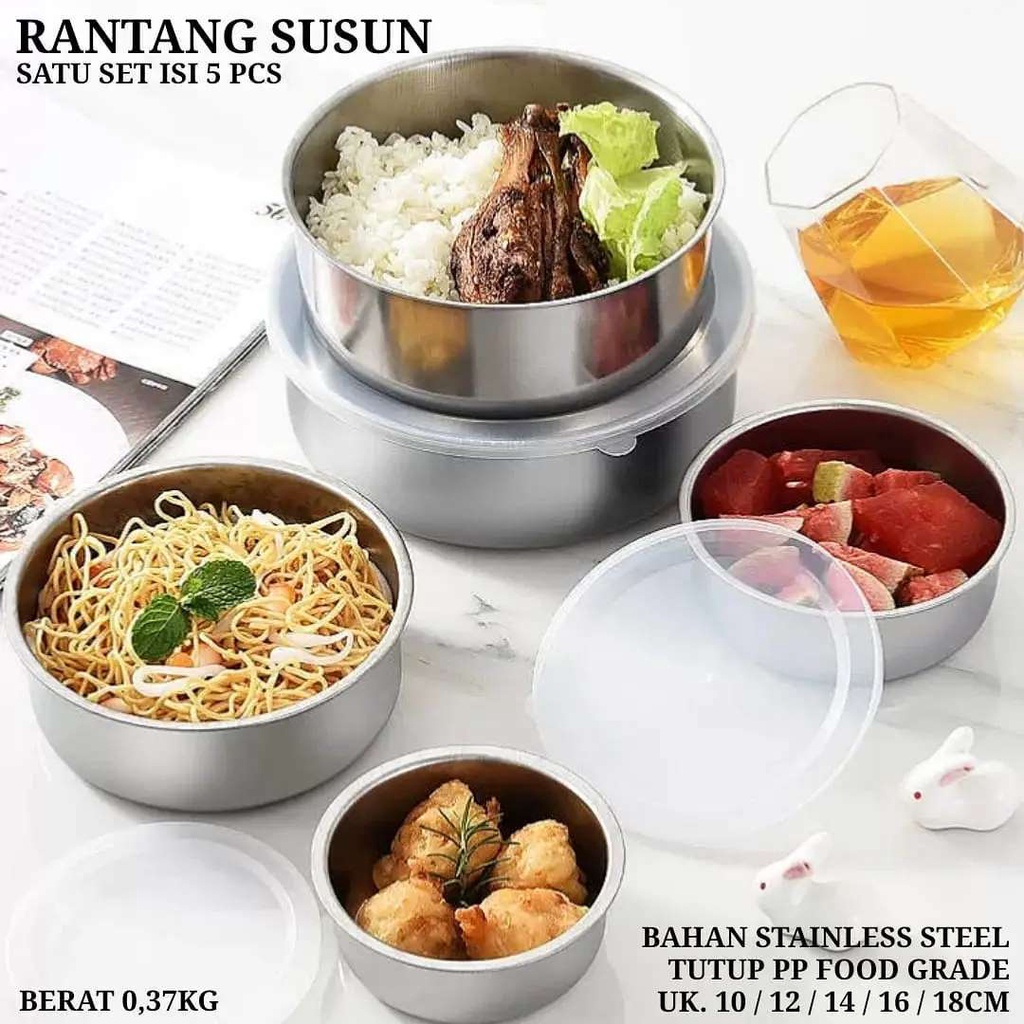 Rantang stainless 5 susun + tutup / Tempat penyimpanan makanan susun 5