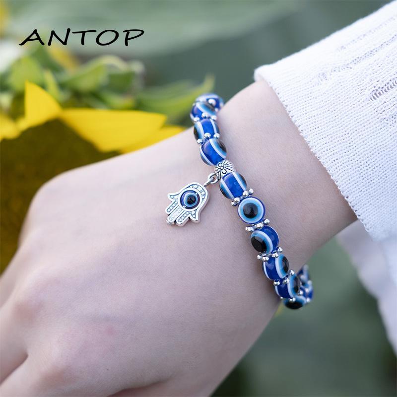 Gelang Tali Elastis Dengan Manikmanik Kaca Bulat Motif Mata Iblis Warna Biru