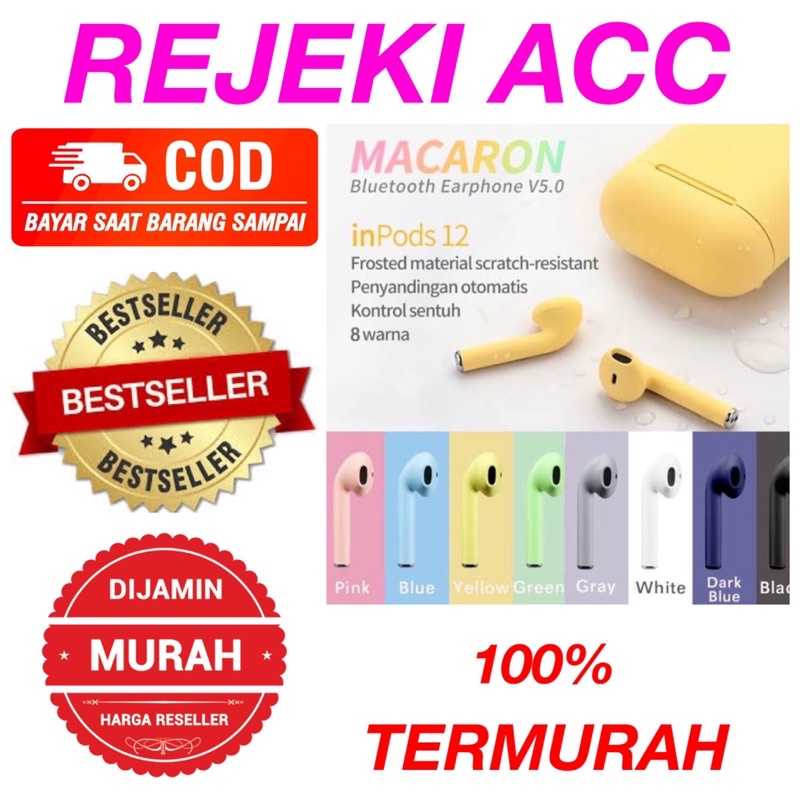 DIJAMIN ENAK!!! Headset Handsfree Earphone HF Bluetooth i12 TWS Macaron Earbuds 5.0 IOS Android Super Bass DIJAMIN-1