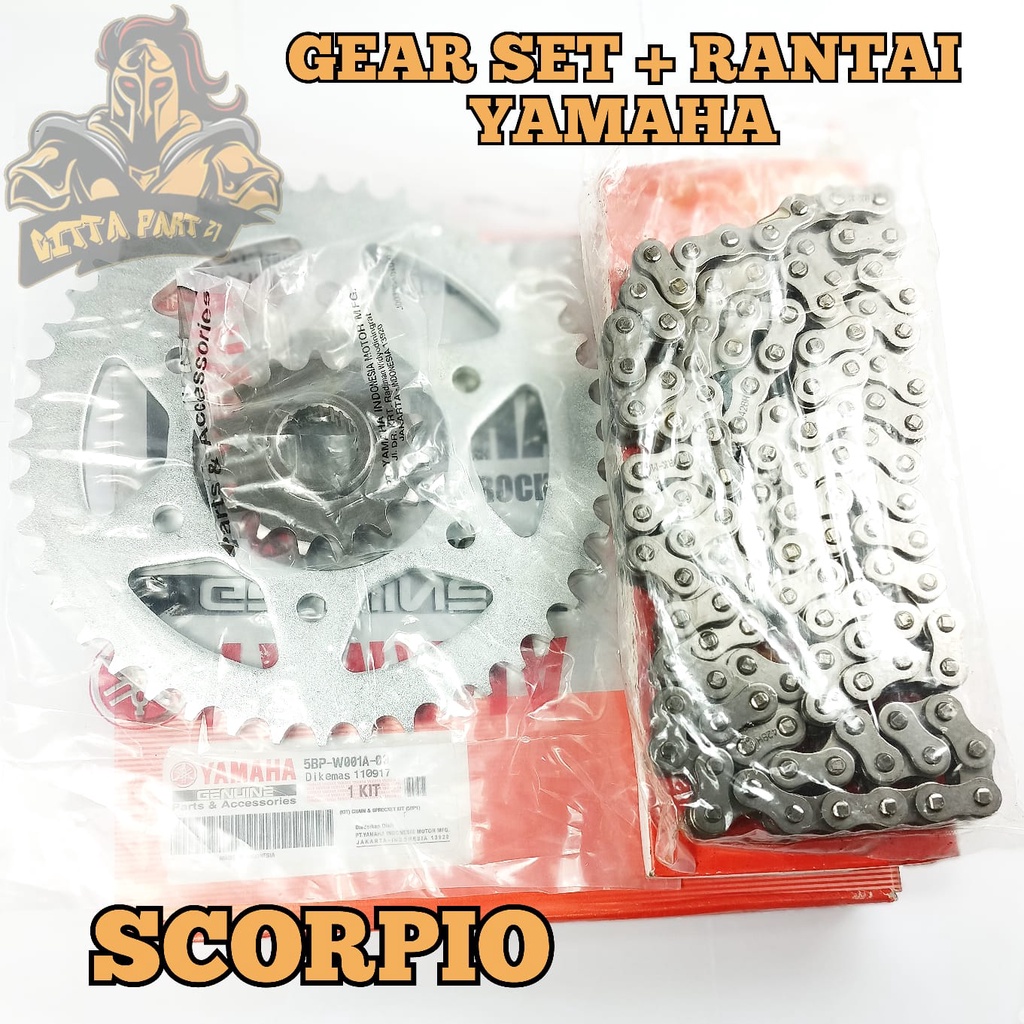 GEAR SET PLUS RANTAI YAMAHA SCORPIO KUALITAS ASLI ORIGINAL YAMAHA presisi kokoh tidak bunyi atau berisik awet dan dijamin mantap SCORPIO