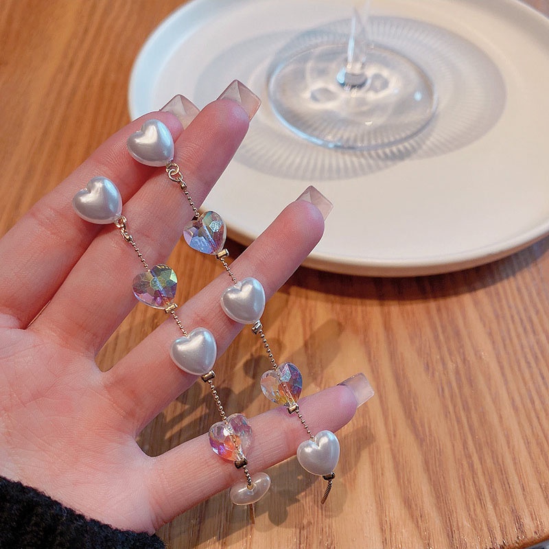 Anting Rumbai Panjang Aksen Mutiara Kristal Bahan 925 silver needle