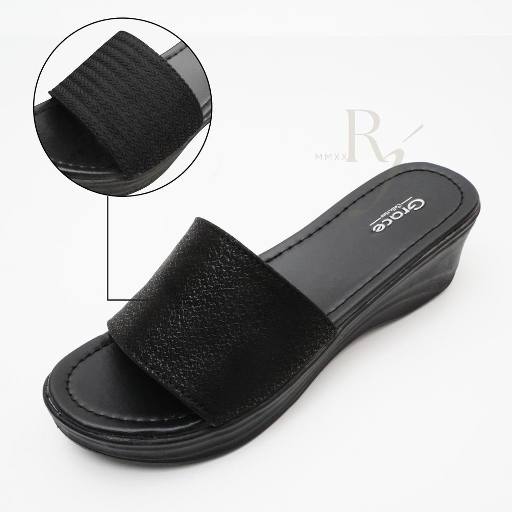 Grace [Akasia Selop] Sandal Wedges Rajut Selop Wanita/ Sandal Hak Tebal/ Sendal Hak Selop Kokop Raju