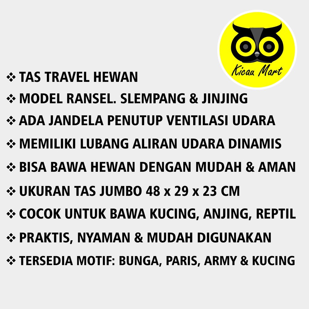 TAS HEWAN 3 IN 1 PET CARGO CARRIER TRAVEL BAG TAS KUCING ANJING TAS BURUNG HAMSTER SUGAR GLIDER TSOWL