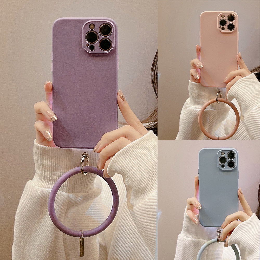 Case Pelindung Kamera Bahan Karet Silikon Warna Pink Dengan Rantai Cincin Untuk Iphone 11 8 7 Plus SE2 XS XR 12 13 PRO MAX