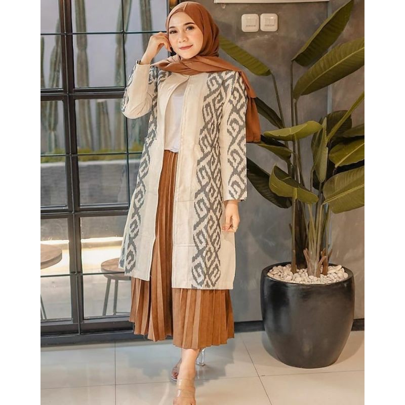 outer wanita outer panjang outer batik tenun - outer etnik - muslim wear - baju tenun - outerwear te
