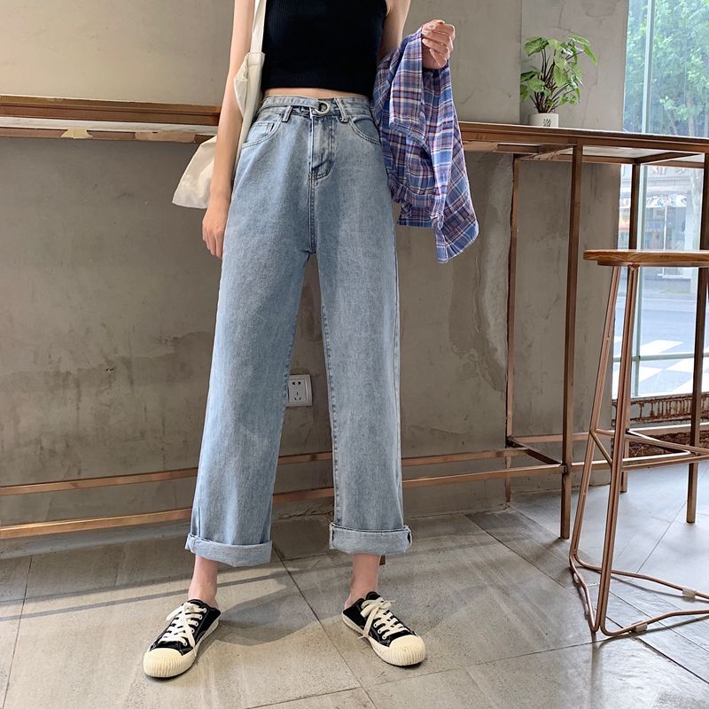 Mode Lurus Tinggi Perempuan Korea Pinggang longgar lebar Leg Jeans