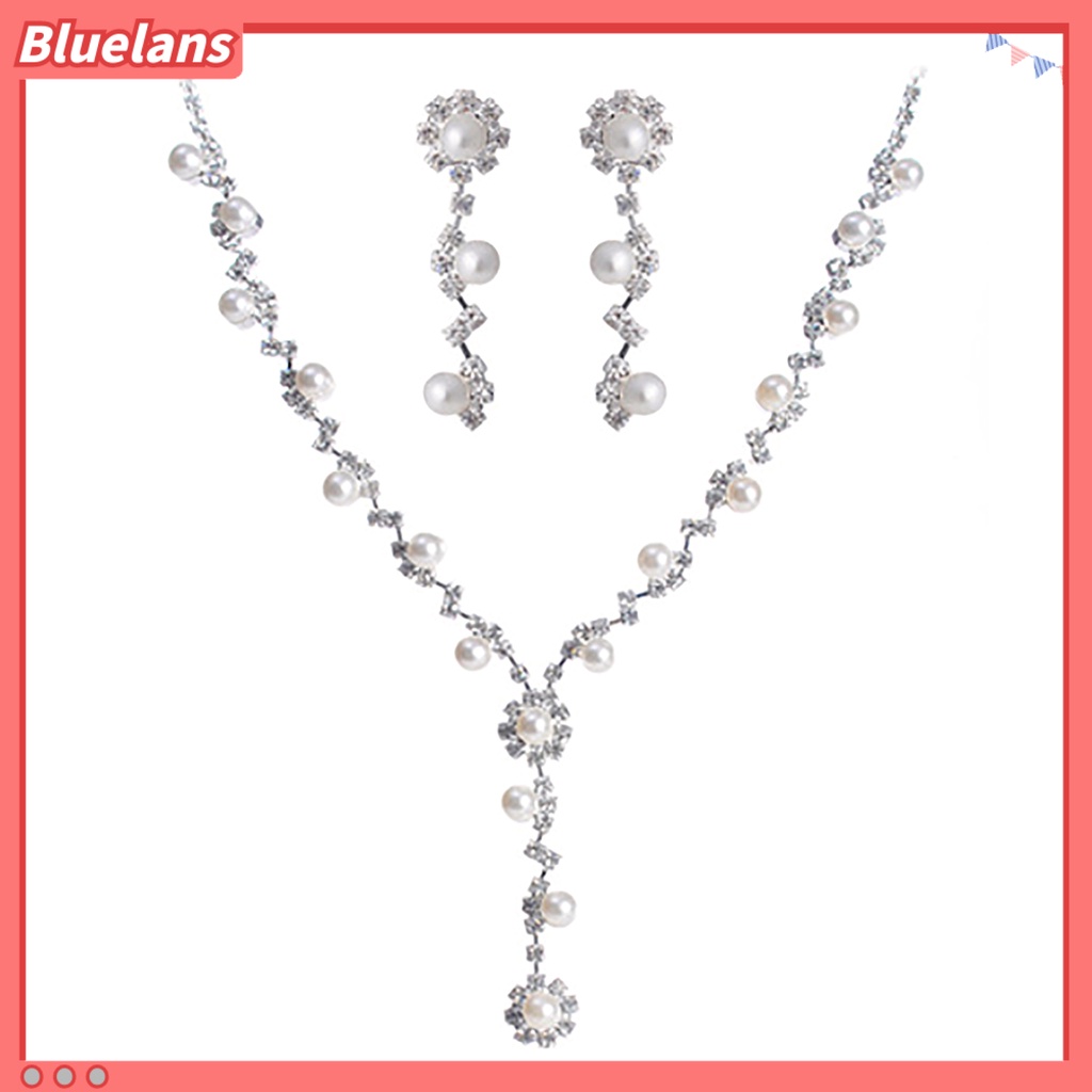 Bluelans 3Pcs Necklace Jewelry Set Faux Pearls Decorations Anniversary Gift Rhinestone Choker Necklace Dangle Earrings Set