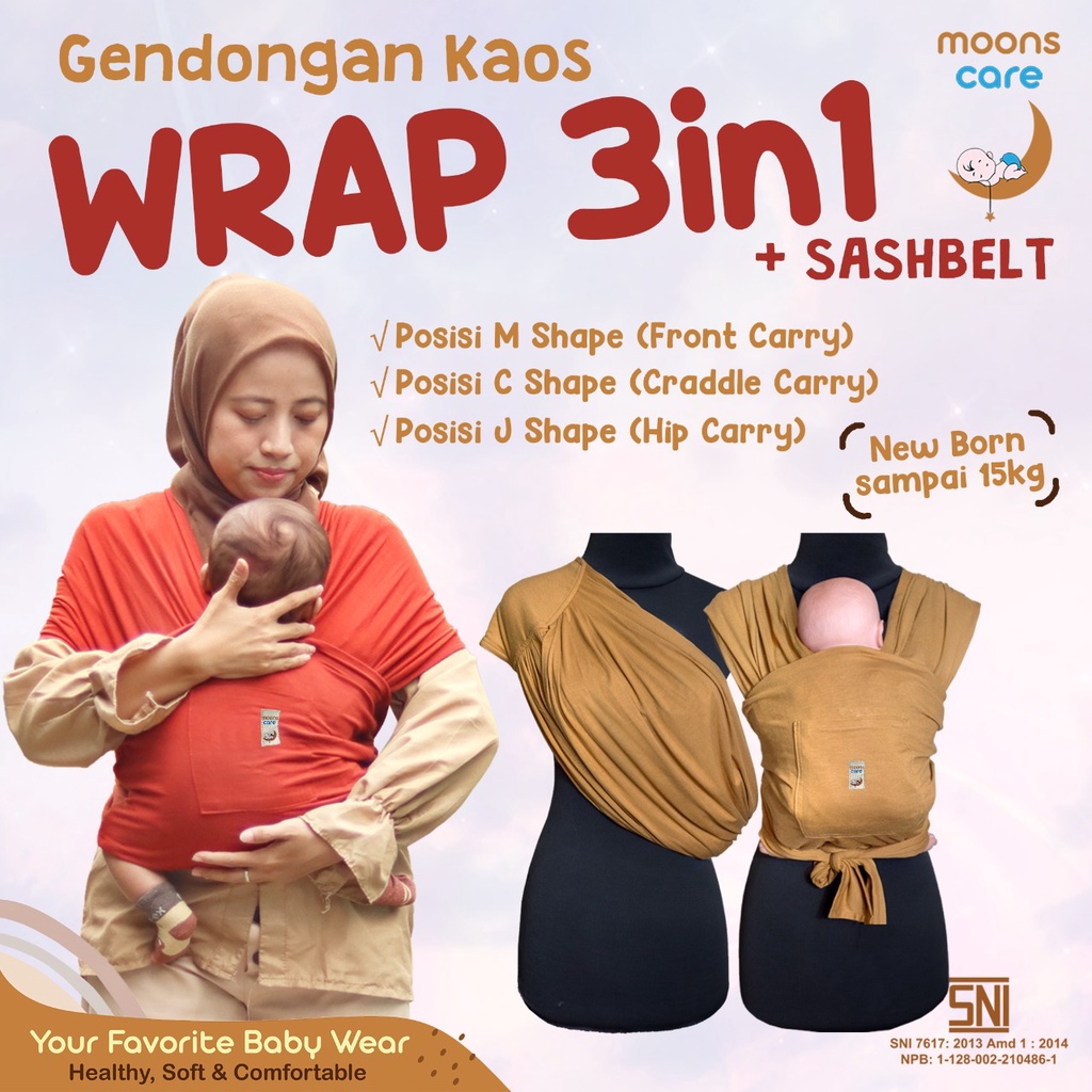 moons care SNI Gendongan Bayi 3in1 Instan Baby Wrap dengan Sash Belt Geos Gendongan Bayi Depan M Shape Baby Wrap 3in1 Geos Baby Instan