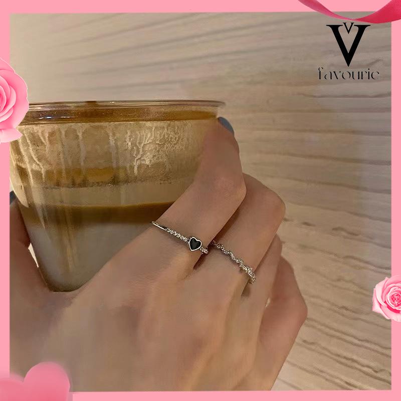 [COD]2 pcs Cincin Korea Cinta Zirkon Hitam Wanita High-end Fashion Kepribadian Jari Telunjuk Cincin-FA