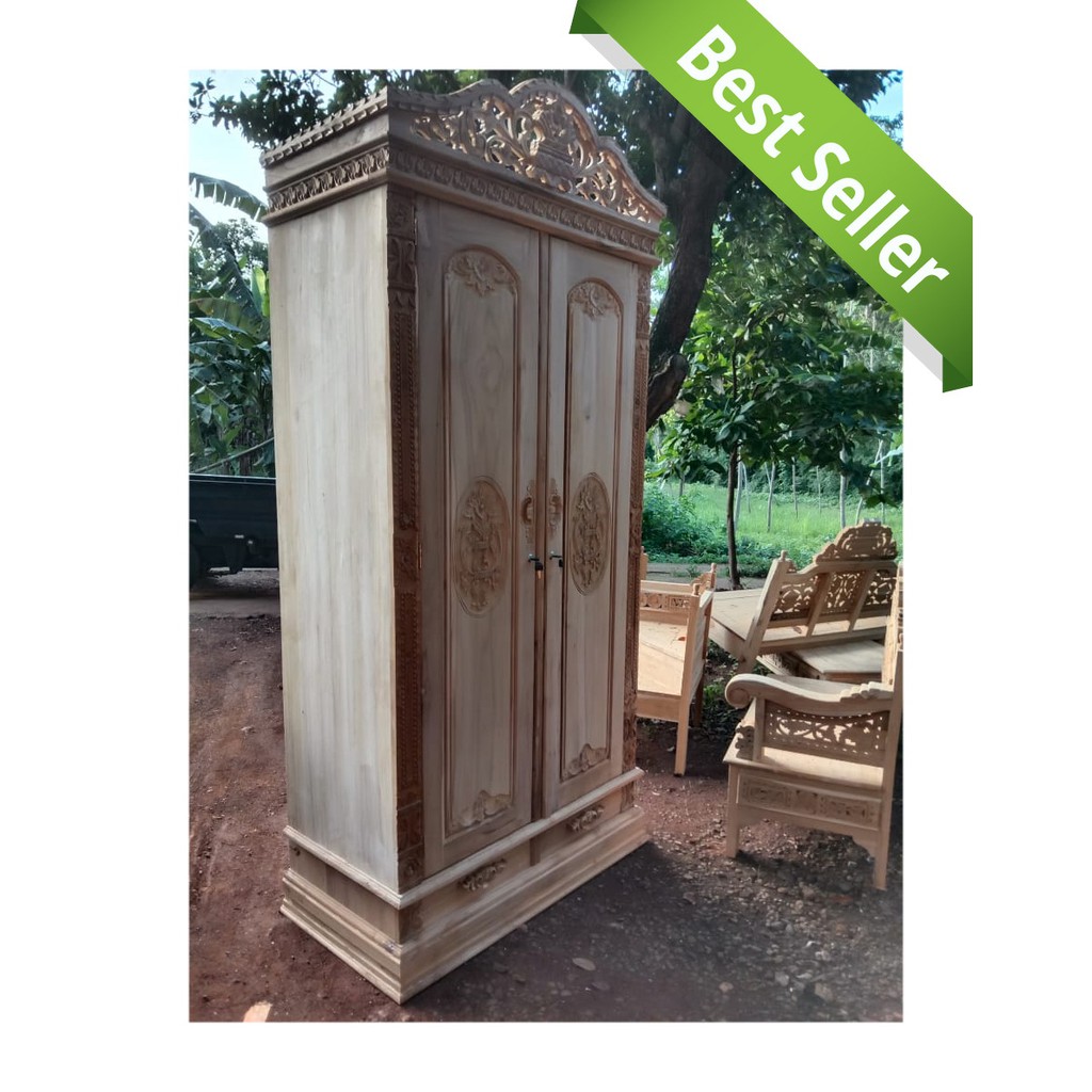 Lemari Pakaian 2 Pintu Ukir Kayu Jati Mentah