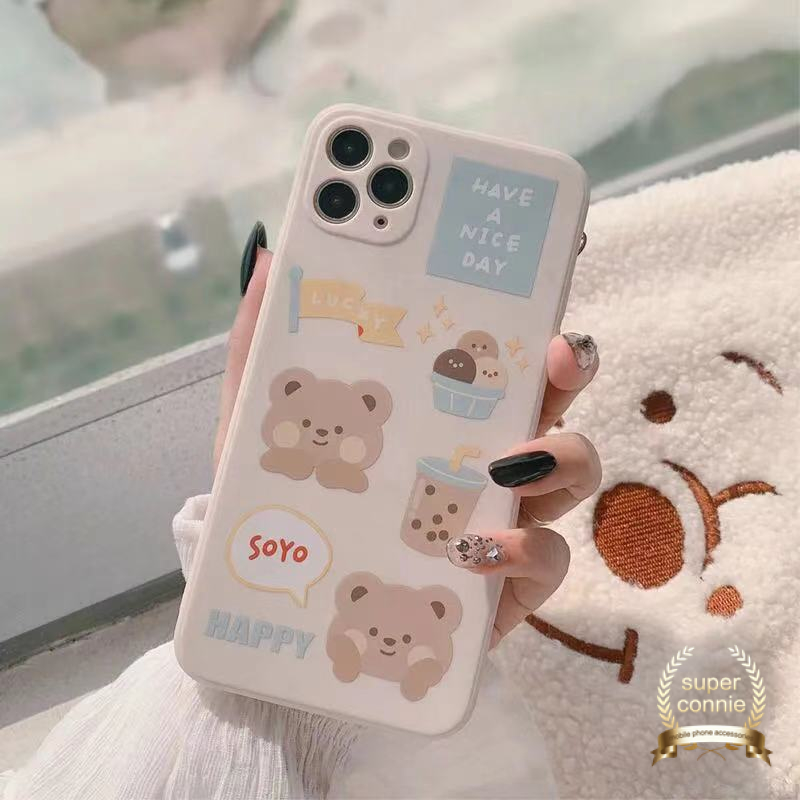 Kawaii Letter Case Kompatibel Untuk iPhone 7Plus 13 11 14 12 Pro Max X XR 7 8 6S 6 Plus XS Max SE 2020 Kartun Beruang Lucu Teh Susu Lembut tpu Penutup Tepi Lurus