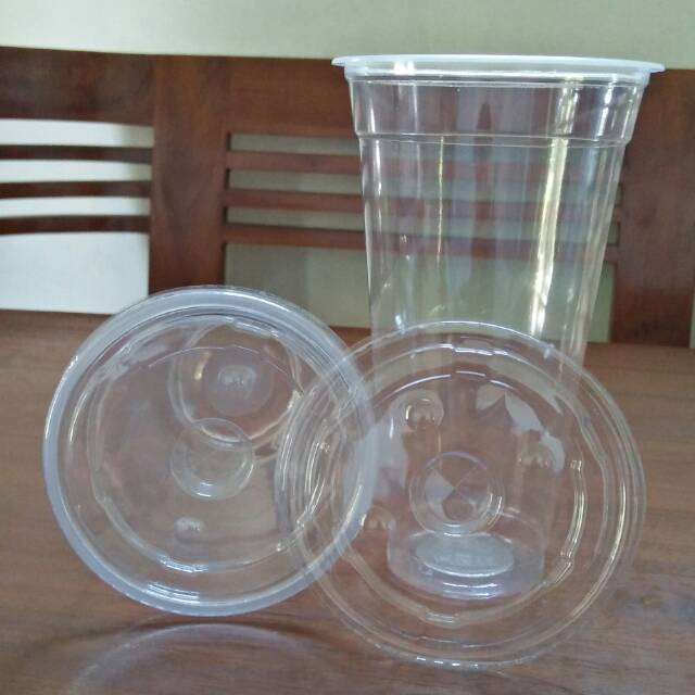 Eceran - Gelas Cup plastik tutup datar 18oz