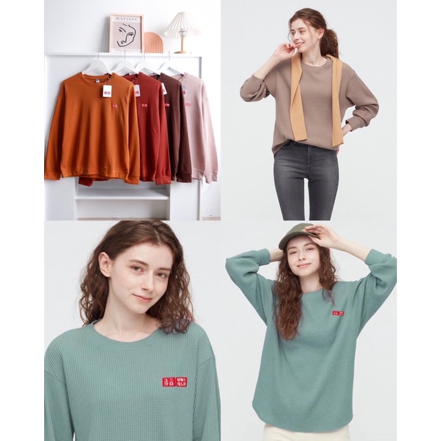 Pakaian Atasan Kaos Baju Uniqlo Tangan Panjang Long Sleeve Wanita Bahan Rajut Waffle By Mykochen.ina