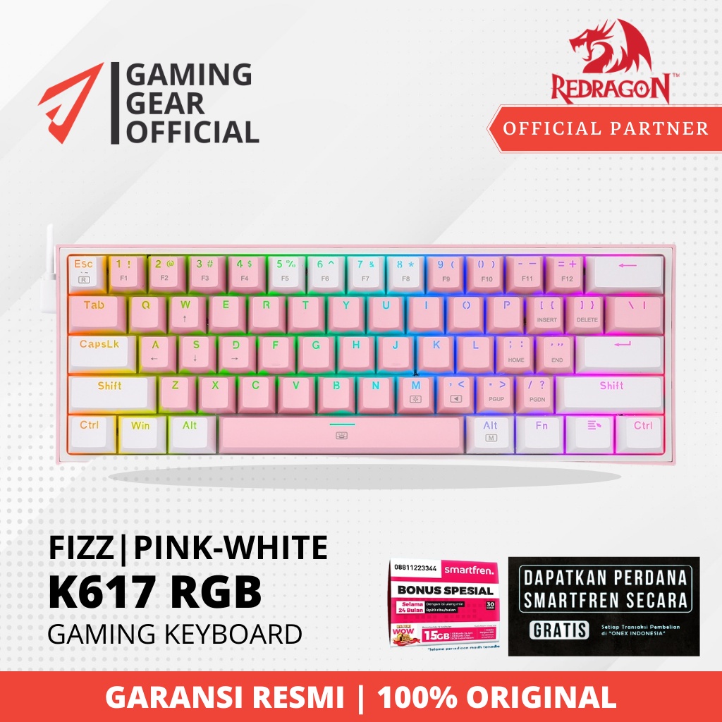 Redragon K617 RGB Mechanical Gaming Keyboard 60% PINK WHITE FIZZ.