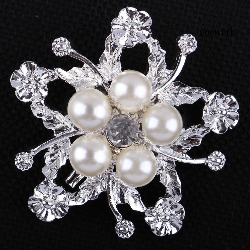 OW@ Rhinestone Faux Pearl Flower Broach Brooch Pin Bouquet Wedding Bridal Jewelry