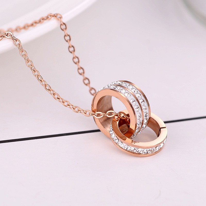 Kalung titanium dua cincin gandeng full mata anti karat