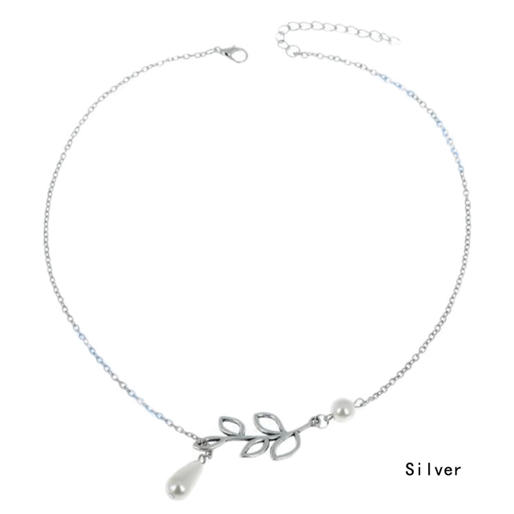 New Lady's Chic Simple Leaves Pearl Statement Choker Silver Chain Necklace Gift