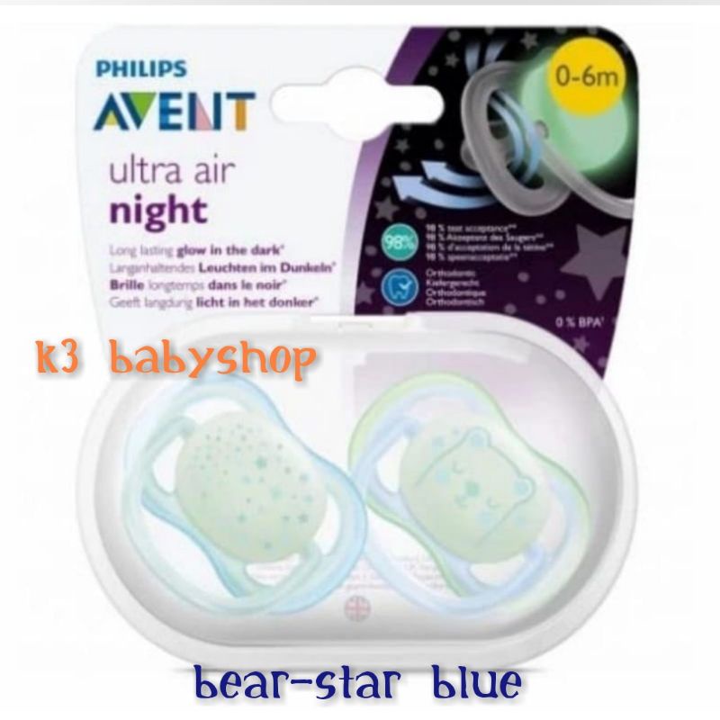 Empeng Avent Pacifier Soother 0-6m Star Glow in The Dark Night Time-2pcs bear-star BLUE
