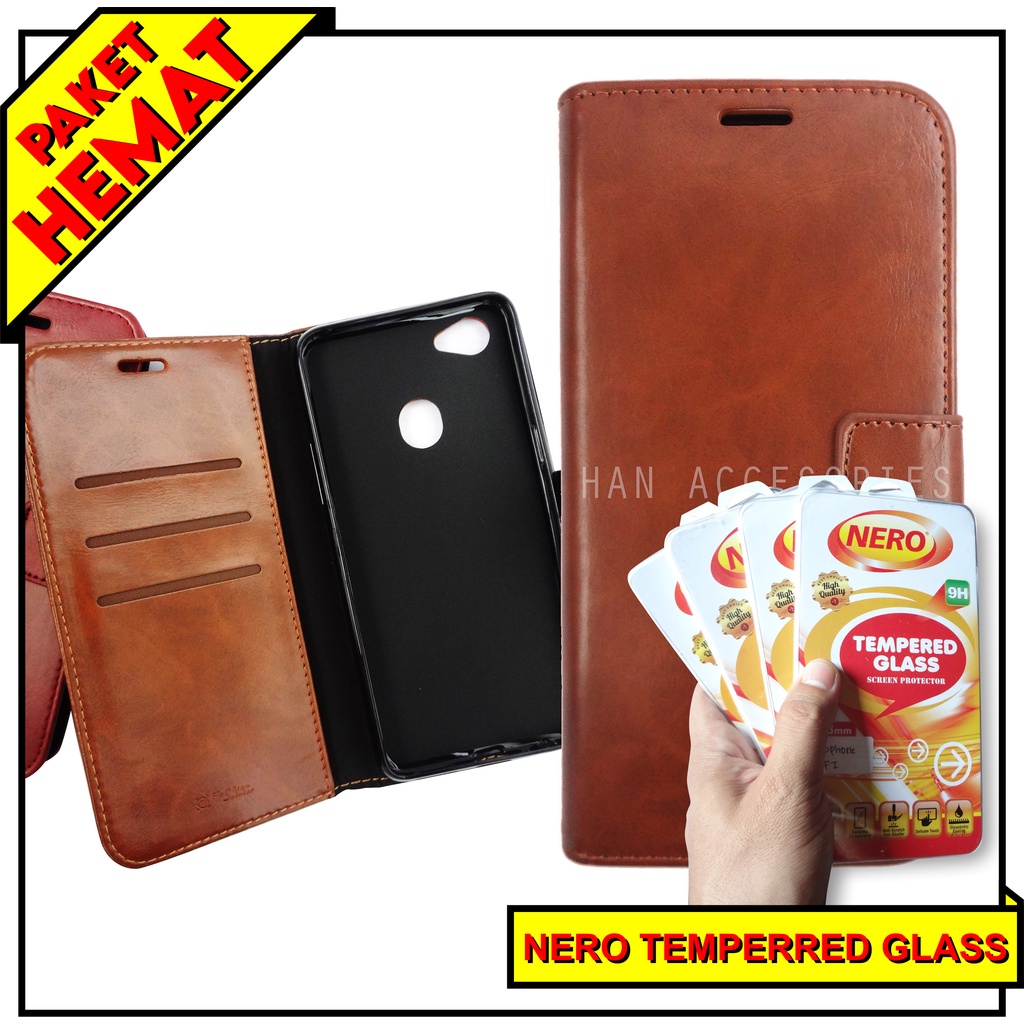 (PAKET HEMAT) Fashion Selular Flip Leather Case VIVO V5/V7/V7+/V9/V11/V11i/V11 PRO Flip Cover Wallet Case Flip Case + Nero Temperred Glass